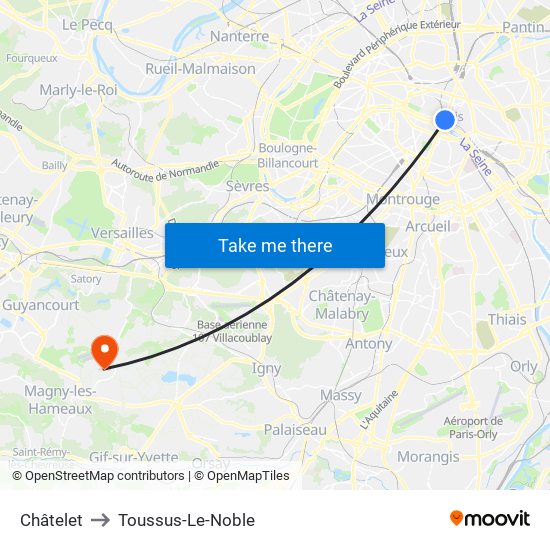 Châtelet to Toussus-Le-Noble map