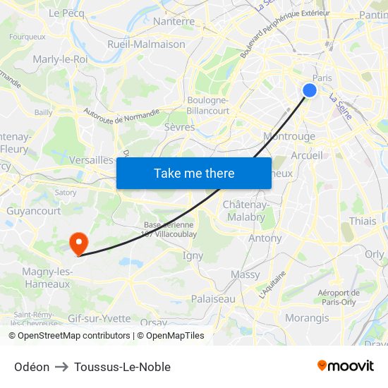 Odéon to Toussus-Le-Noble map