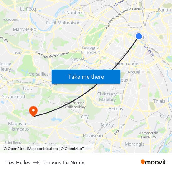 Les Halles to Toussus-Le-Noble map