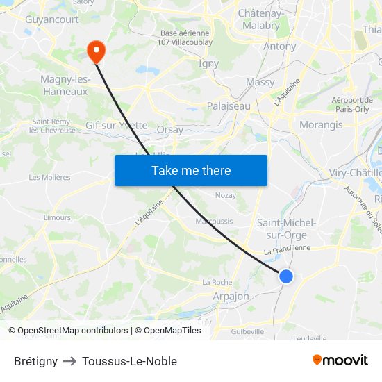Brétigny to Toussus-Le-Noble map