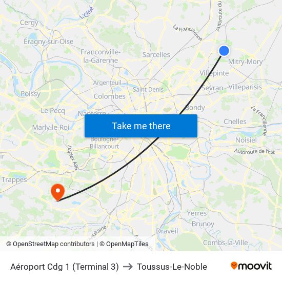 Aéroport Cdg 1 (Terminal 3) to Toussus-Le-Noble map