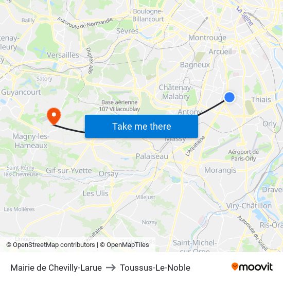 Mairie de Chevilly-Larue to Toussus-Le-Noble map