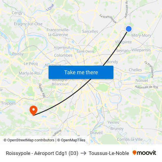 Roissypole - Aéroport Cdg1 (D3) to Toussus-Le-Noble map