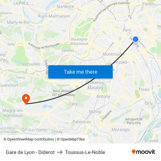 Gare de Lyon - Diderot to Toussus-Le-Noble map