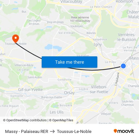 Massy - Palaiseau RER to Toussus-Le-Noble map