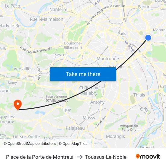 Place de la Porte de Montreuil to Toussus-Le-Noble map