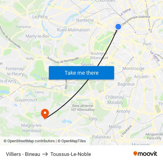 Villiers - Bineau to Toussus-Le-Noble map