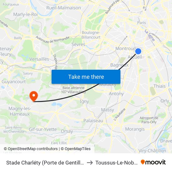 Stade Charléty (Porte de Gentilly) to Toussus-Le-Noble map