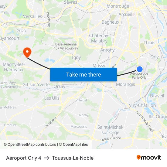 Aéroport Orly 4 to Toussus-Le-Noble map