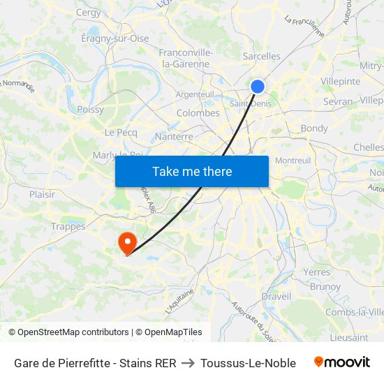 Gare de Pierrefitte - Stains RER to Toussus-Le-Noble map