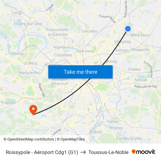 Roissypole - Aéroport Cdg1 (G1) to Toussus-Le-Noble map