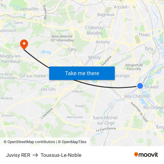 Juvisy RER to Toussus-Le-Noble map