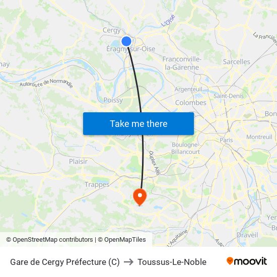 Gare de Cergy Préfecture (C) to Toussus-Le-Noble map