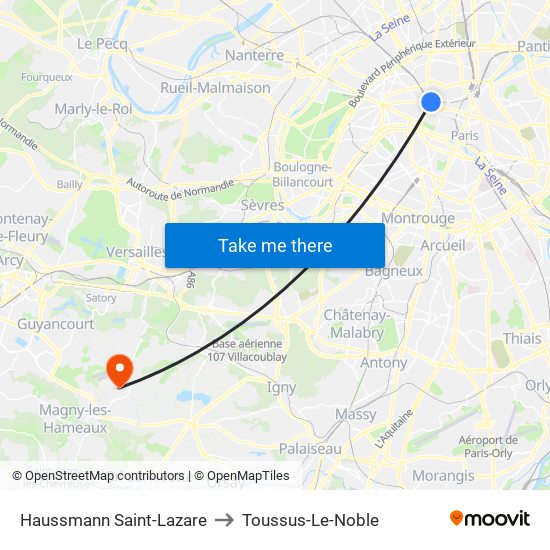 Haussmann Saint-Lazare to Toussus-Le-Noble map