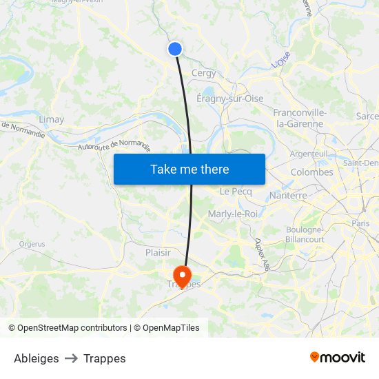 Ableiges to Trappes map