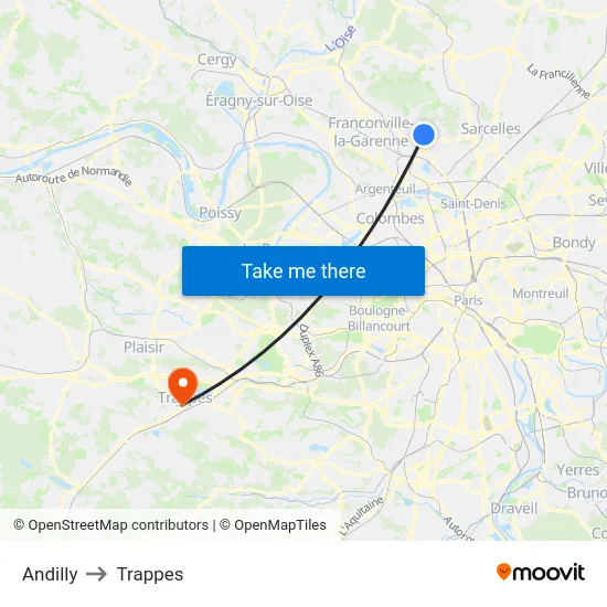 Andilly to Trappes map