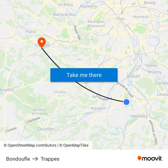 Bondoufle to Trappes map