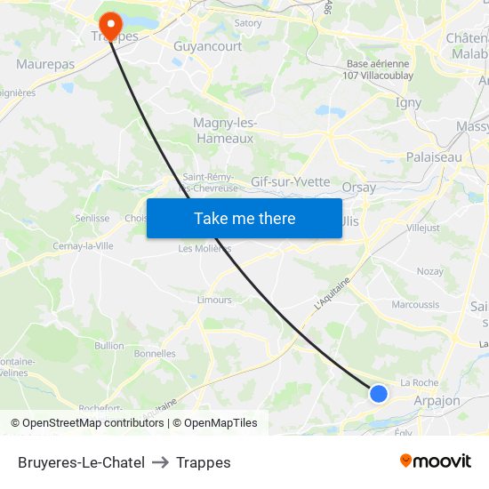 Bruyeres-Le-Chatel to Trappes map