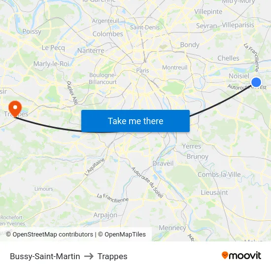 Bussy-Saint-Martin to Trappes map
