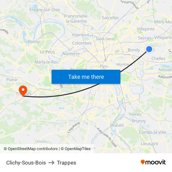 Clichy-Sous-Bois to Trappes map