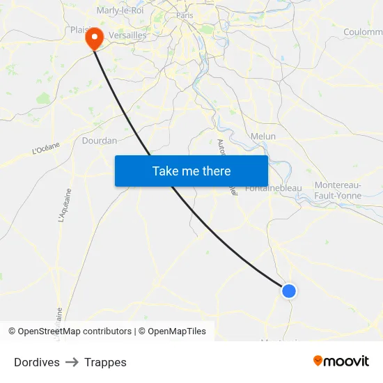 Dordives to Trappes map
