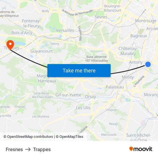 Fresnes to Trappes map