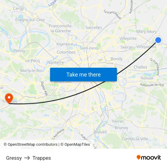Gressy to Trappes map