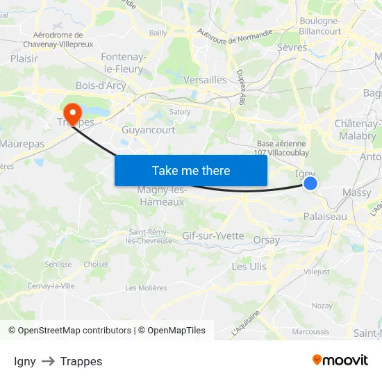 Igny to Trappes map