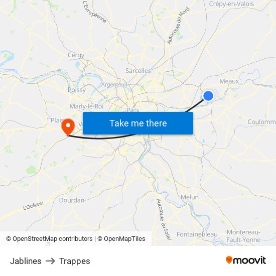Jablines to Trappes map