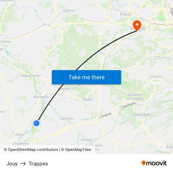 Jouy to Trappes map