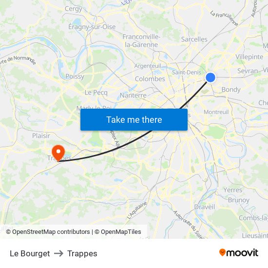 Le Bourget to Trappes map