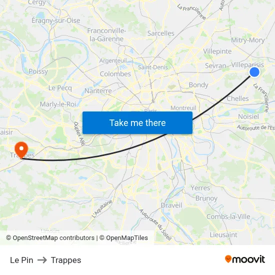 Le Pin to Trappes map