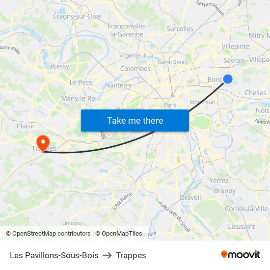 Les Pavillons-Sous-Bois to Trappes map