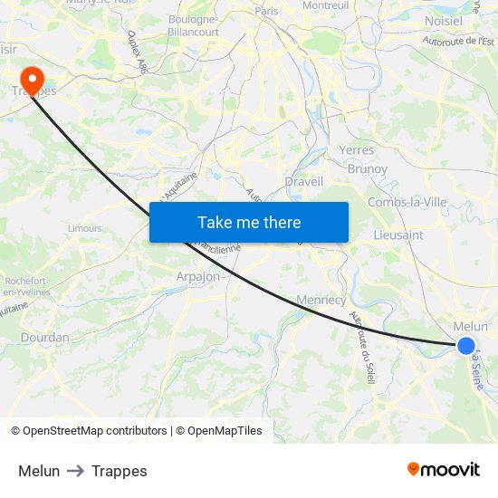 Melun to Trappes map