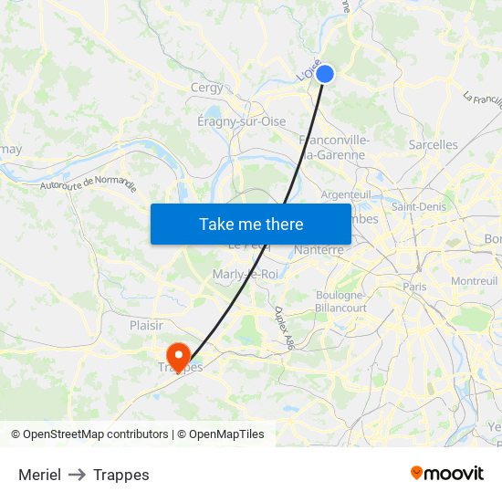 Meriel to Trappes map