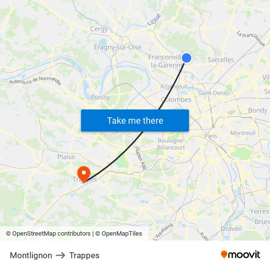 Montlignon to Trappes map