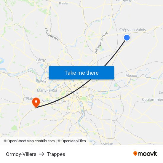 Ormoy-Villers to Trappes map