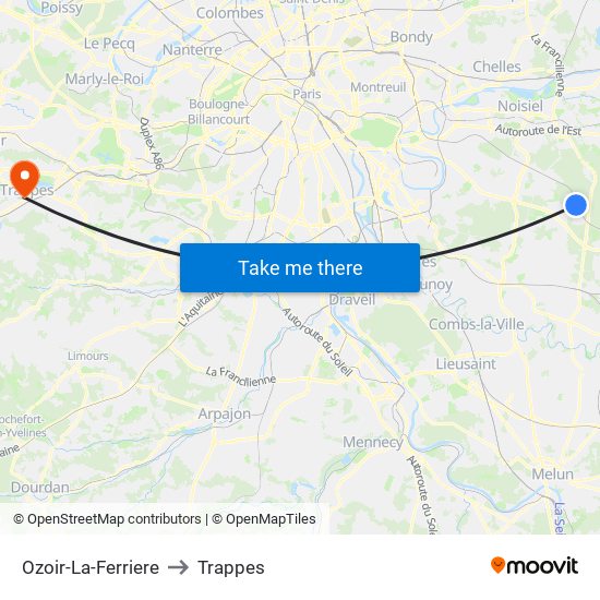 Ozoir-La-Ferriere to Trappes map