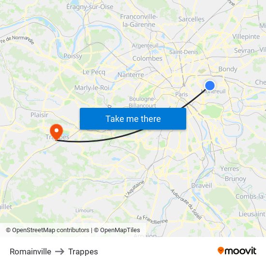 Romainville to Trappes map