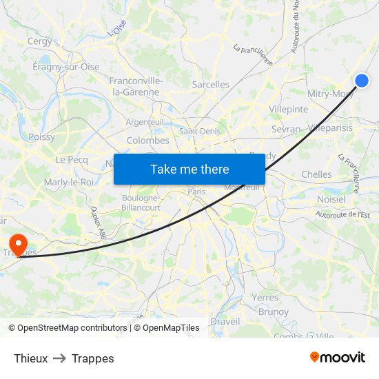 Thieux to Trappes map