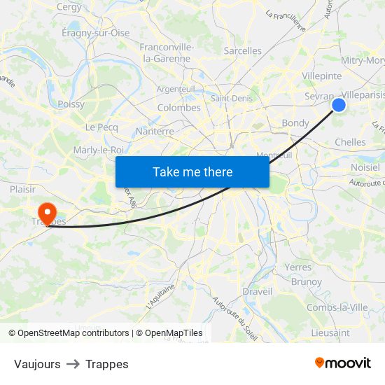 Vaujours to Trappes map