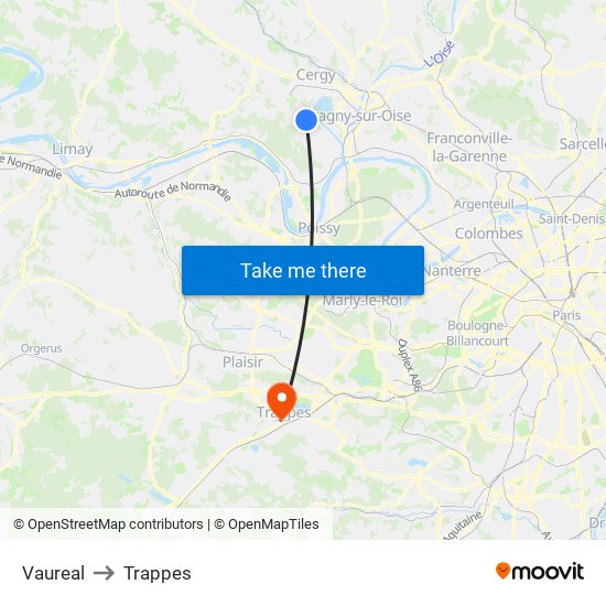 Vaureal to Trappes map