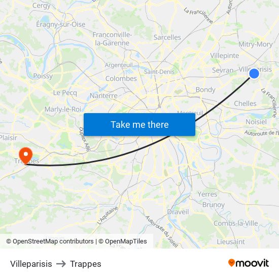 Villeparisis to Trappes map