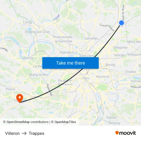 Villeron to Trappes map