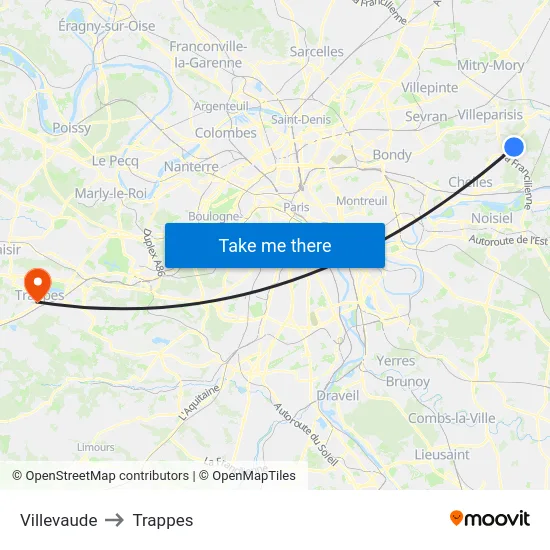 Villevaude to Trappes map