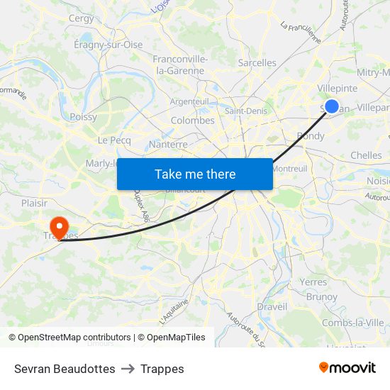 Sevran Beaudottes to Trappes map