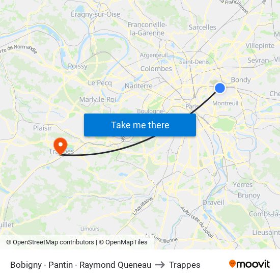 Bobigny - Pantin - Raymond Queneau to Trappes map