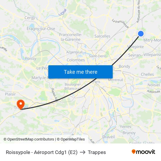 Roissypole - Aéroport Cdg1 (E2) to Trappes map