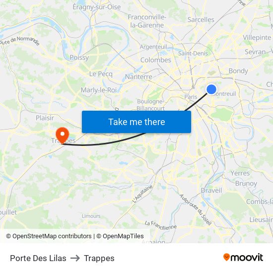 Porte Des Lilas to Trappes map