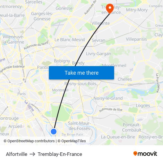 Alfortville to Tremblay-En-France map